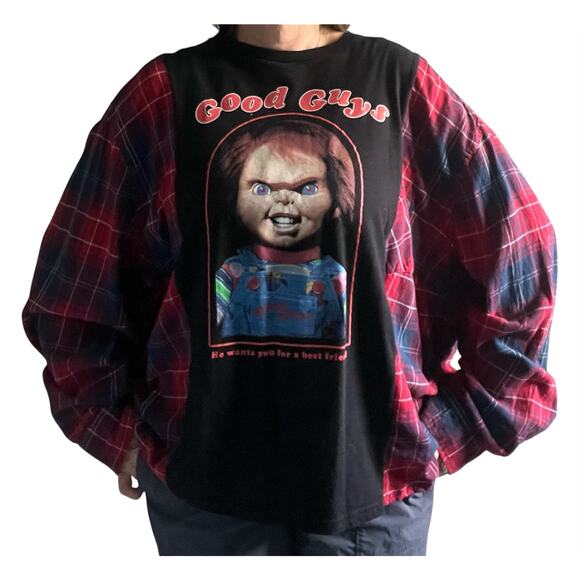 Chucky shirt, Flannel and tee reworked, Childs Play movie upcycle XL oversized - Picture 2 of 4